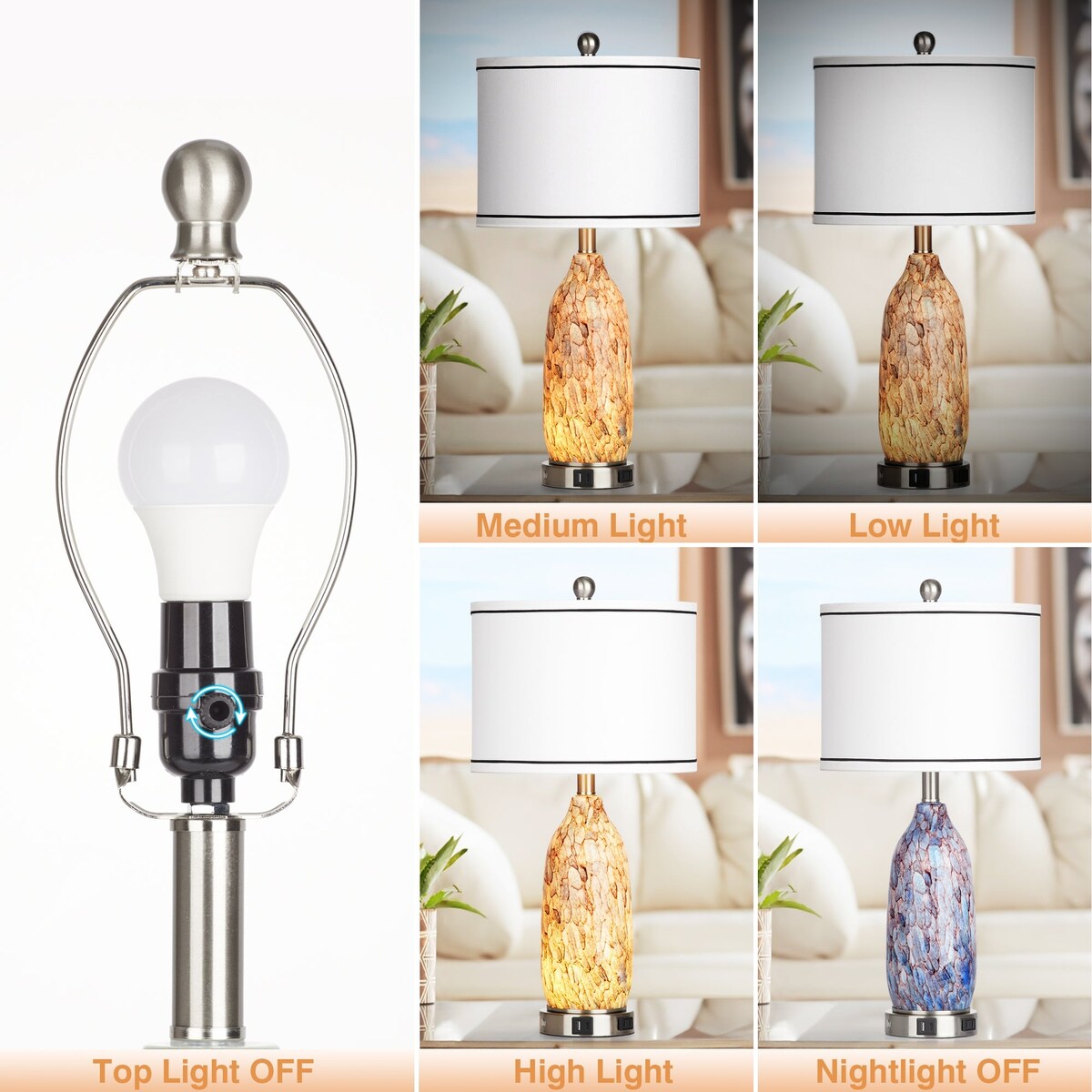 Lampada da tavolo con luce notturna 2 in 1, corpo lampada in vetro indaco, porte di ricarica, presa CA, paralume a tamburo, interruttore dimmer touch (set da 2)