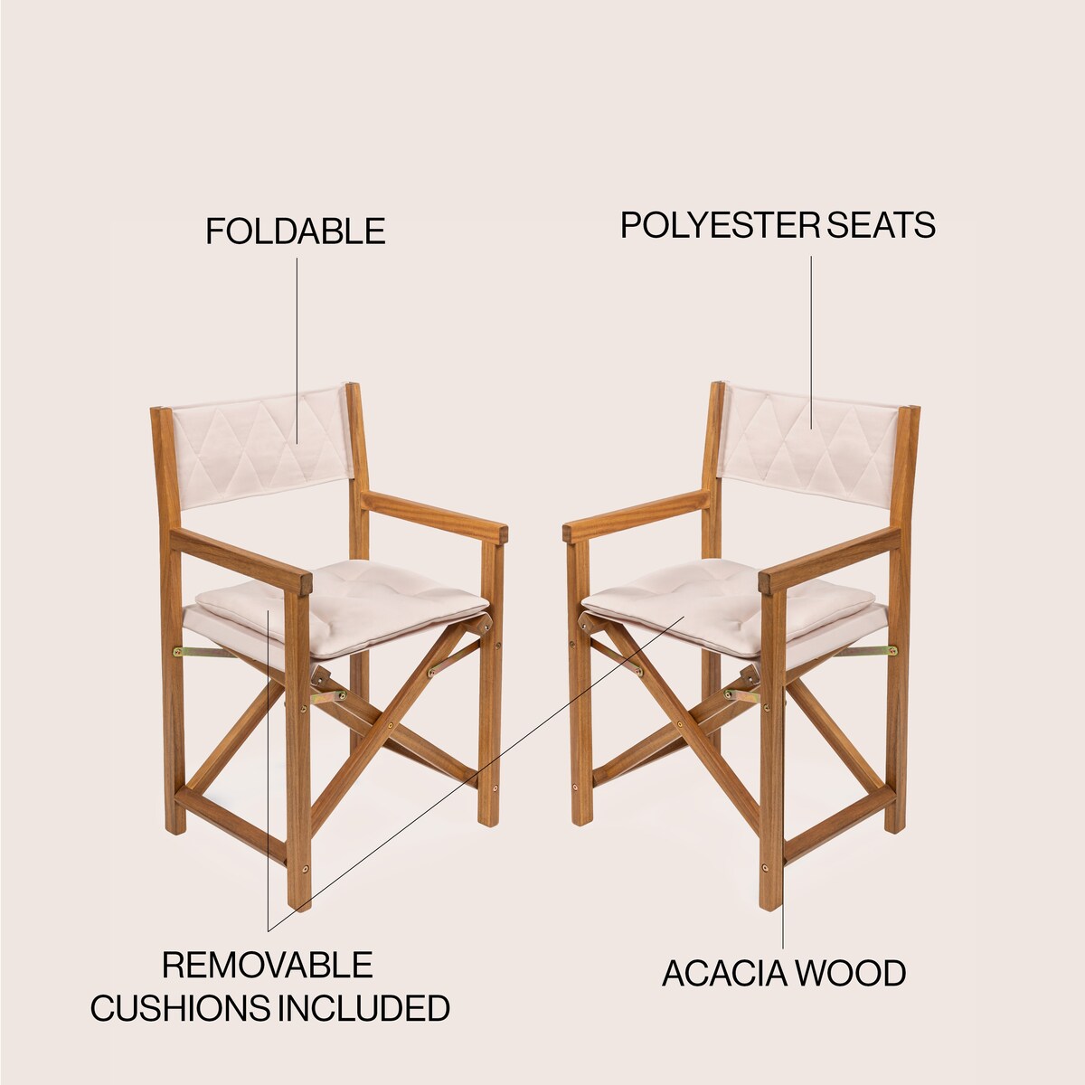 Sedia da regista pieghevole da esterno Theo Classic Mid-Century in legno di acacia con schienale trapuntato a rombi e cuscino, (set di 2) di JONATHAN Y