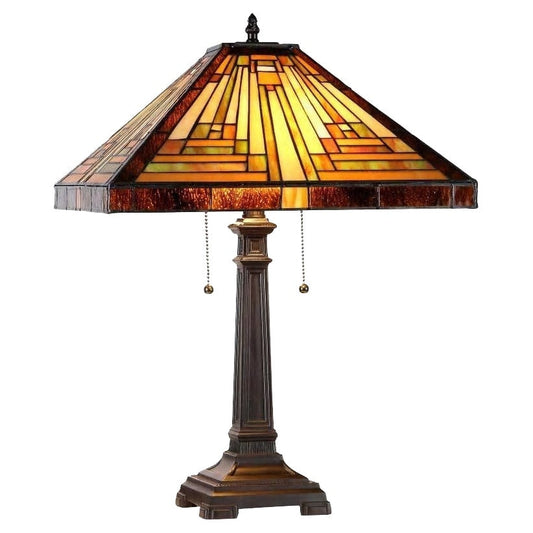 Lampada da tavolo in bronzo antico scuro a 2 luci in stile Tiffany Mission Design