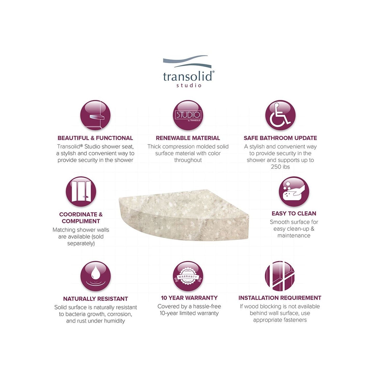 Sedile angolare per doccia Transolid Studio da 14 pollici x 14 pollici in superficie solida, montaggio a parete - 14,5 x 14,25 x 3