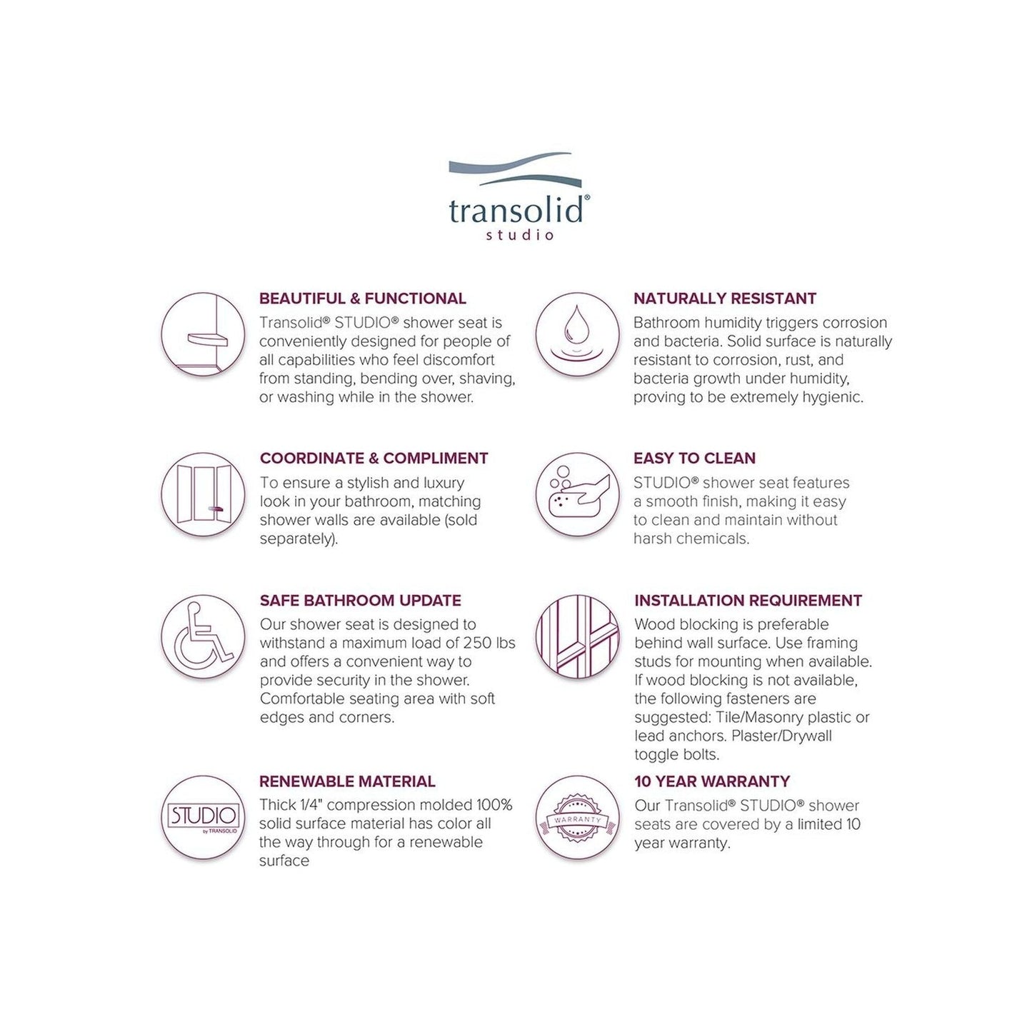 Sedile angolare per doccia Transolid Studio da 14 pollici x 14 pollici in superficie solida, montaggio a parete - 14,5 x 14,25 x 3