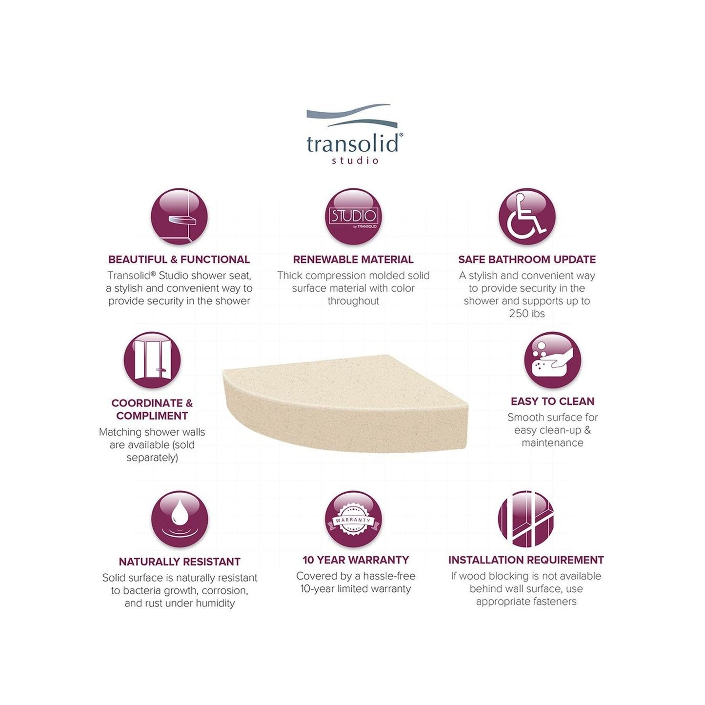 Sedile angolare per doccia Transolid Studio da 14 pollici x 14 pollici in superficie solida, montaggio a parete - 14,5 x 14,25 x 3