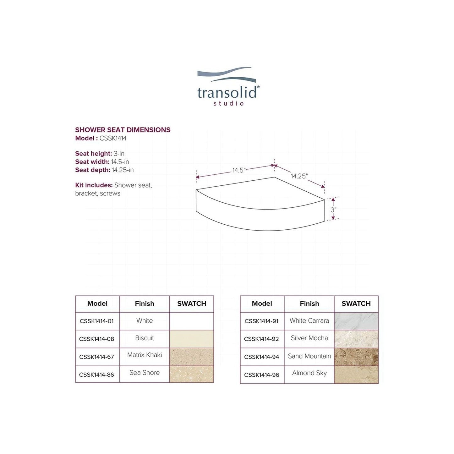 Sedile angolare per doccia Transolid Studio da 14 pollici x 14 pollici in superficie solida, montaggio a parete - 14,5 x 14,25 x 3