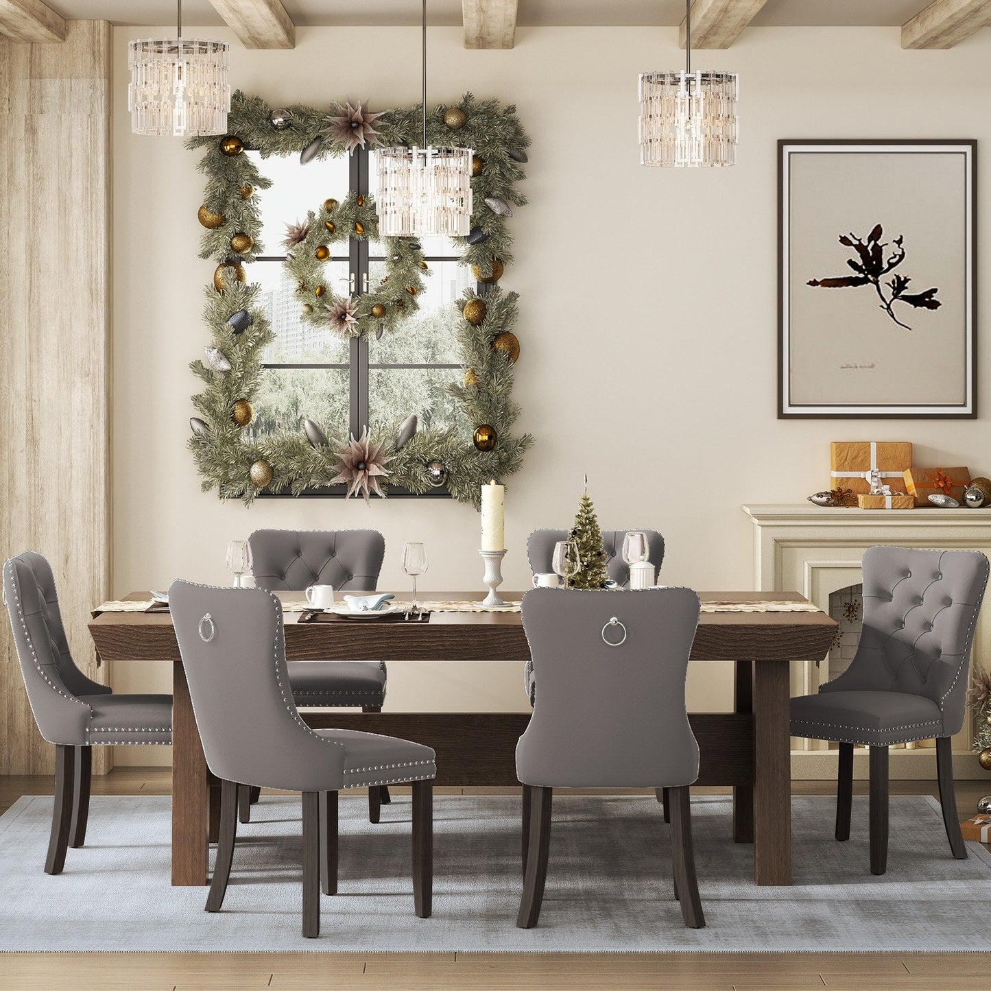 Sedia da pranzo imbottita in velluto trapuntato con gambe in legno massello, set da 6