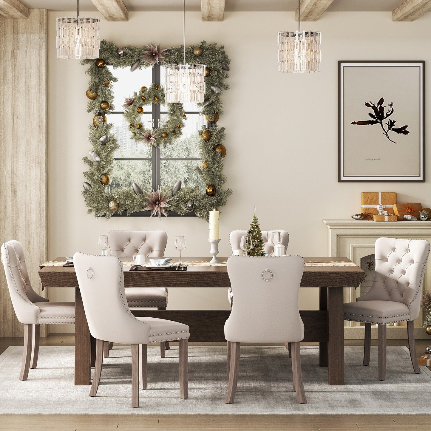 Sedia da pranzo imbottita in velluto trapuntato con gambe in legno massello, set da 6