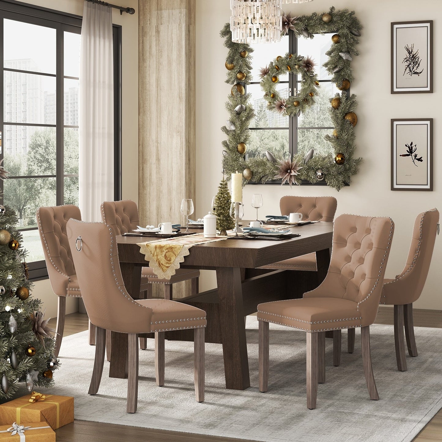 Sedia da pranzo imbottita in velluto trapuntato con gambe in legno massello, set da 6