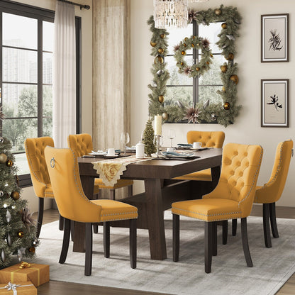 Sedia da pranzo imbottita in velluto trapuntato con gambe in legno massello, set da 6