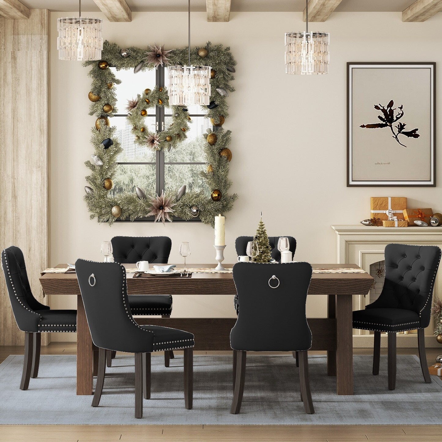 Sedia da pranzo imbottita in velluto trapuntato con gambe in legno massello, set da 6