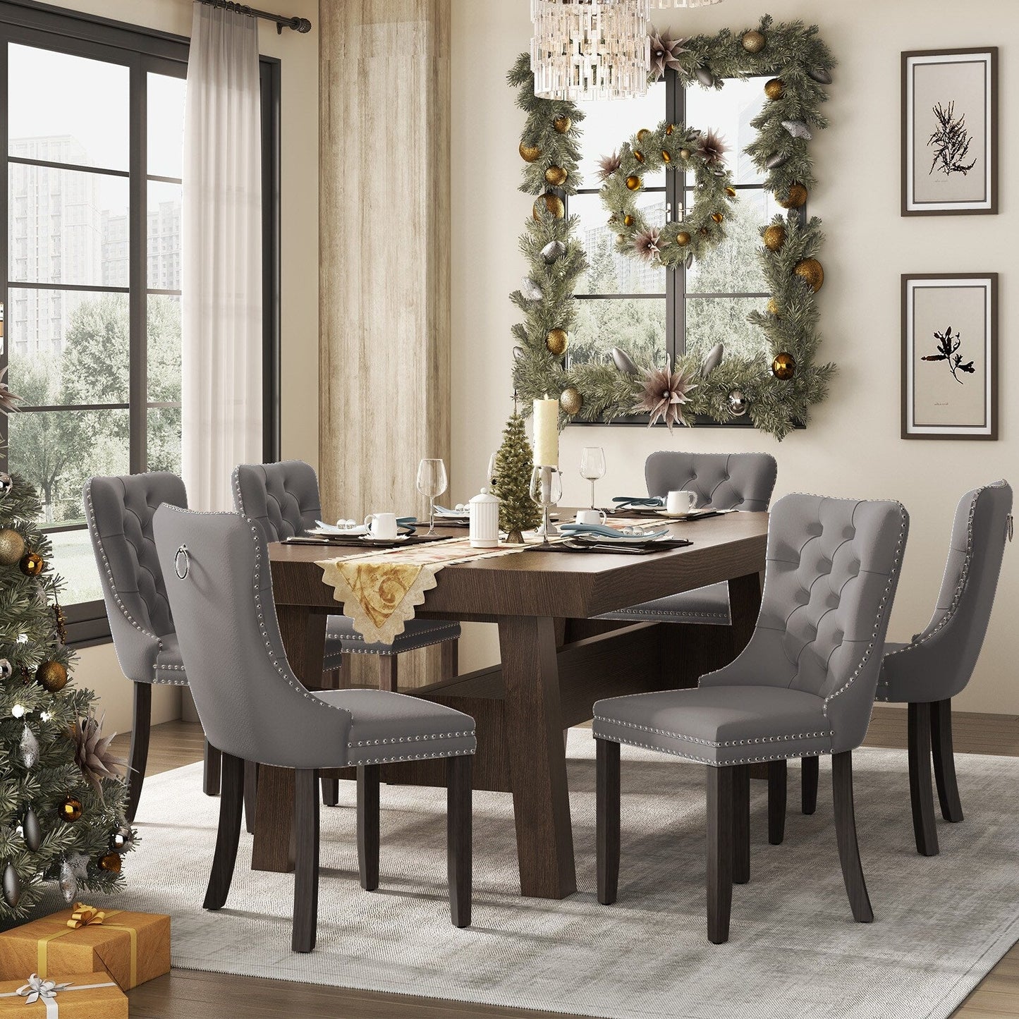 Sedia da pranzo imbottita in velluto trapuntato con gambe in legno massello, set da 6