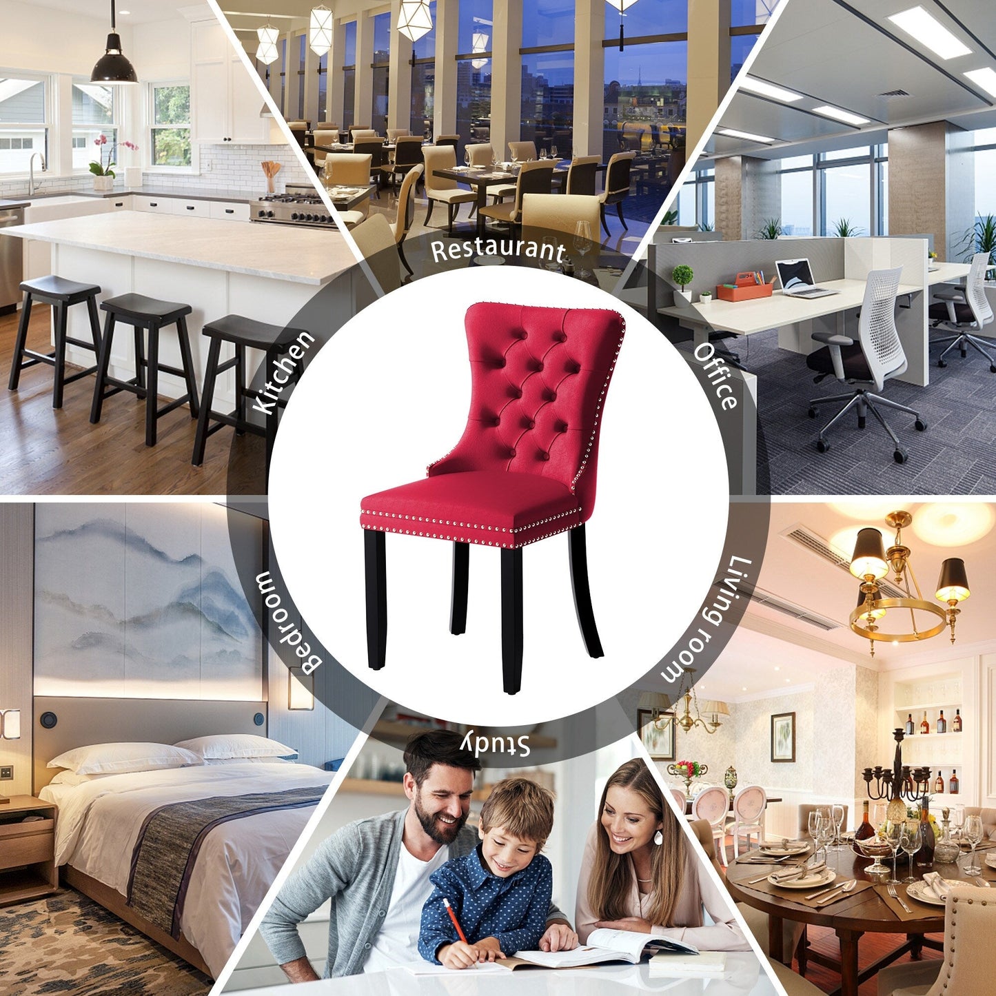 Sedia da pranzo imbottita in velluto trapuntato con gambe in legno massello, set da 6