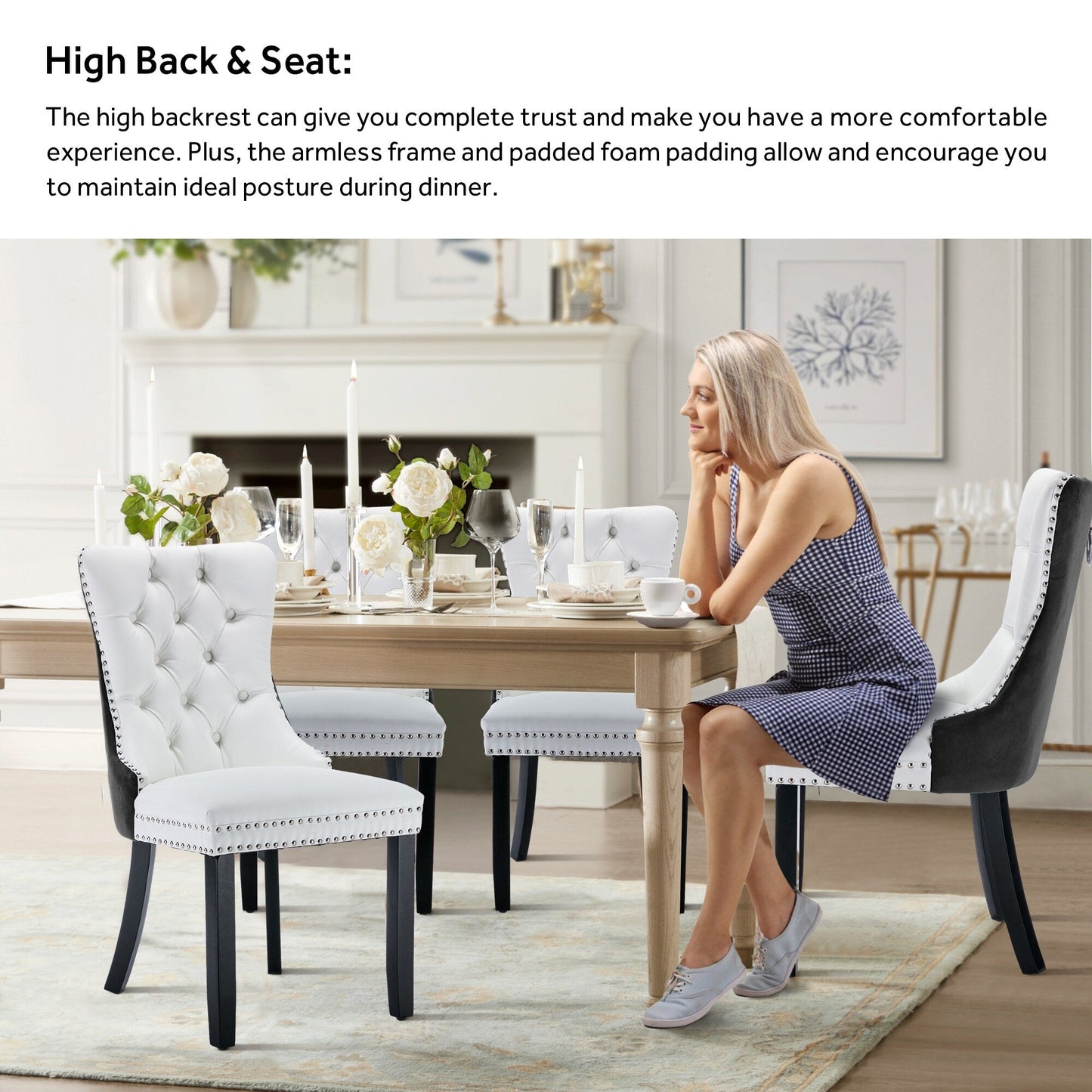 Sedia da pranzo imbottita in velluto trapuntato con gambe in legno massello, set da 6