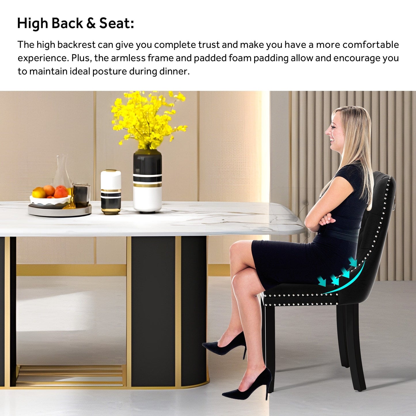 Sedia da pranzo imbottita in velluto trapuntato con gambe in legno massello, set da 6