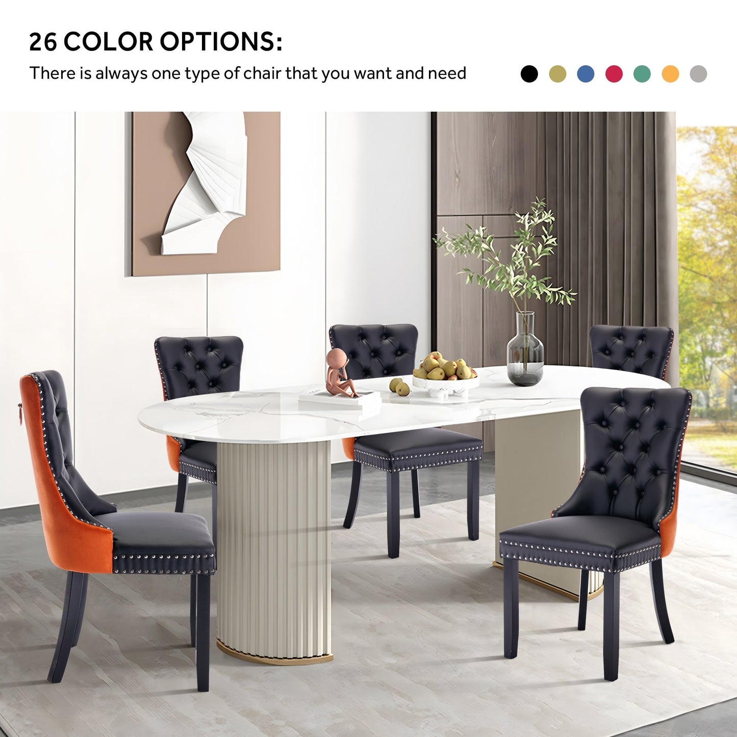 Sedia da pranzo imbottita in velluto trapuntato con gambe in legno massello, set da 6