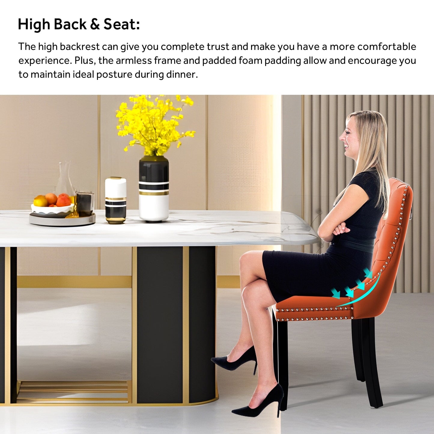 Sedia da pranzo imbottita in velluto trapuntato con gambe in legno massello, set da 6