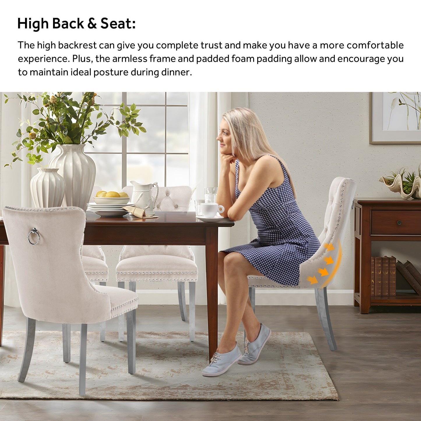 Sedia da pranzo imbottita in velluto trapuntato con gambe in legno massello, set da 6