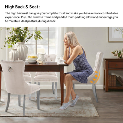 Sedia da pranzo imbottita in velluto trapuntato con gambe in legno massello, set da 6