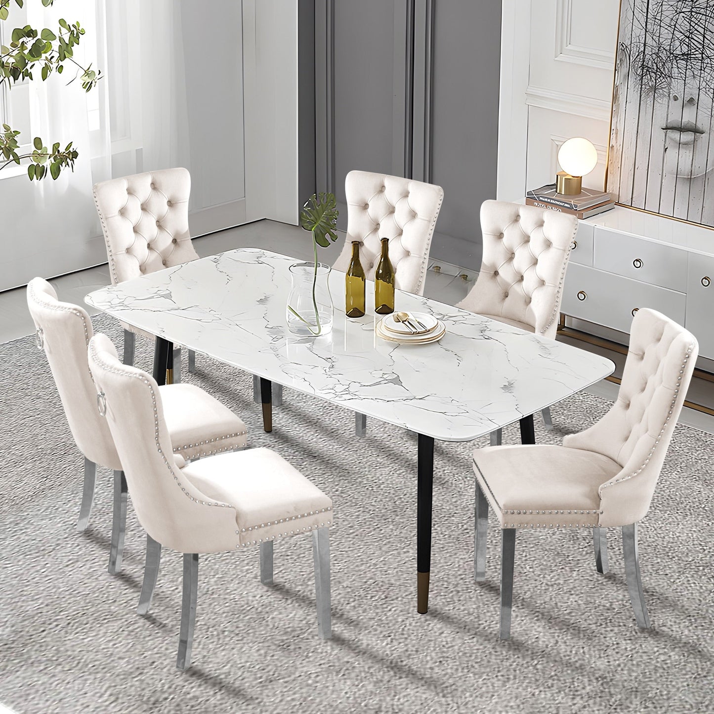 Sedia da pranzo imbottita in velluto trapuntato con gambe in legno massello, set da 6