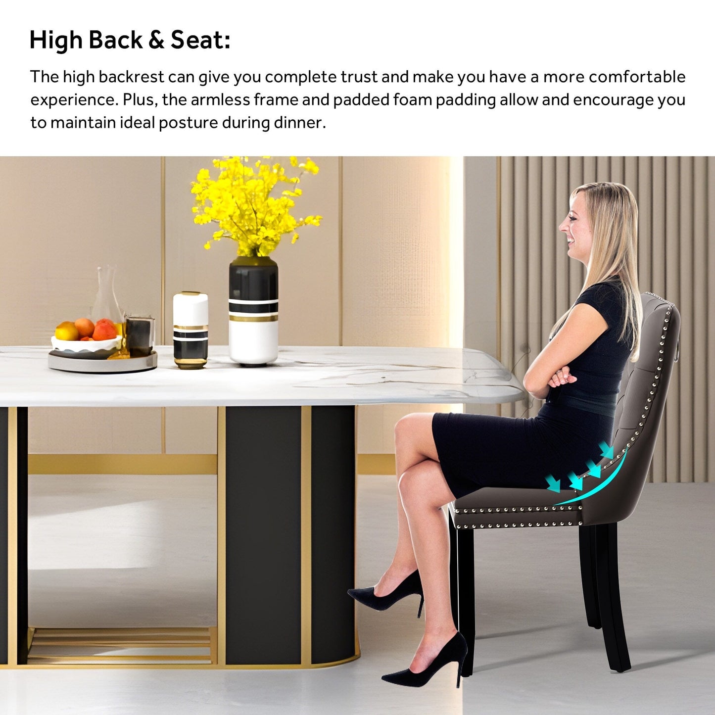 Sedia da pranzo imbottita in velluto trapuntato con gambe in legno massello, set da 6