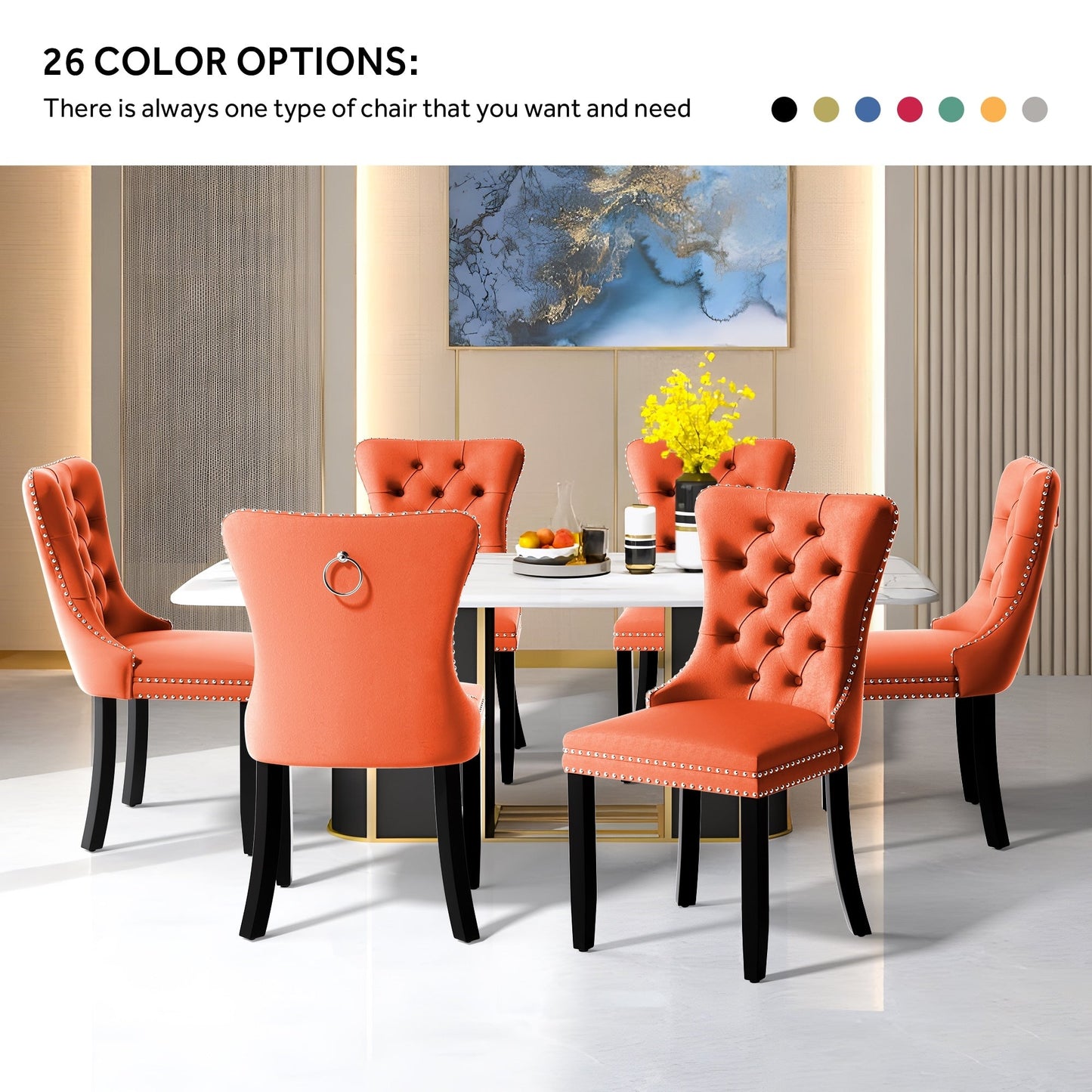 Sedia da pranzo imbottita in velluto trapuntato con gambe in legno massello, set da 6