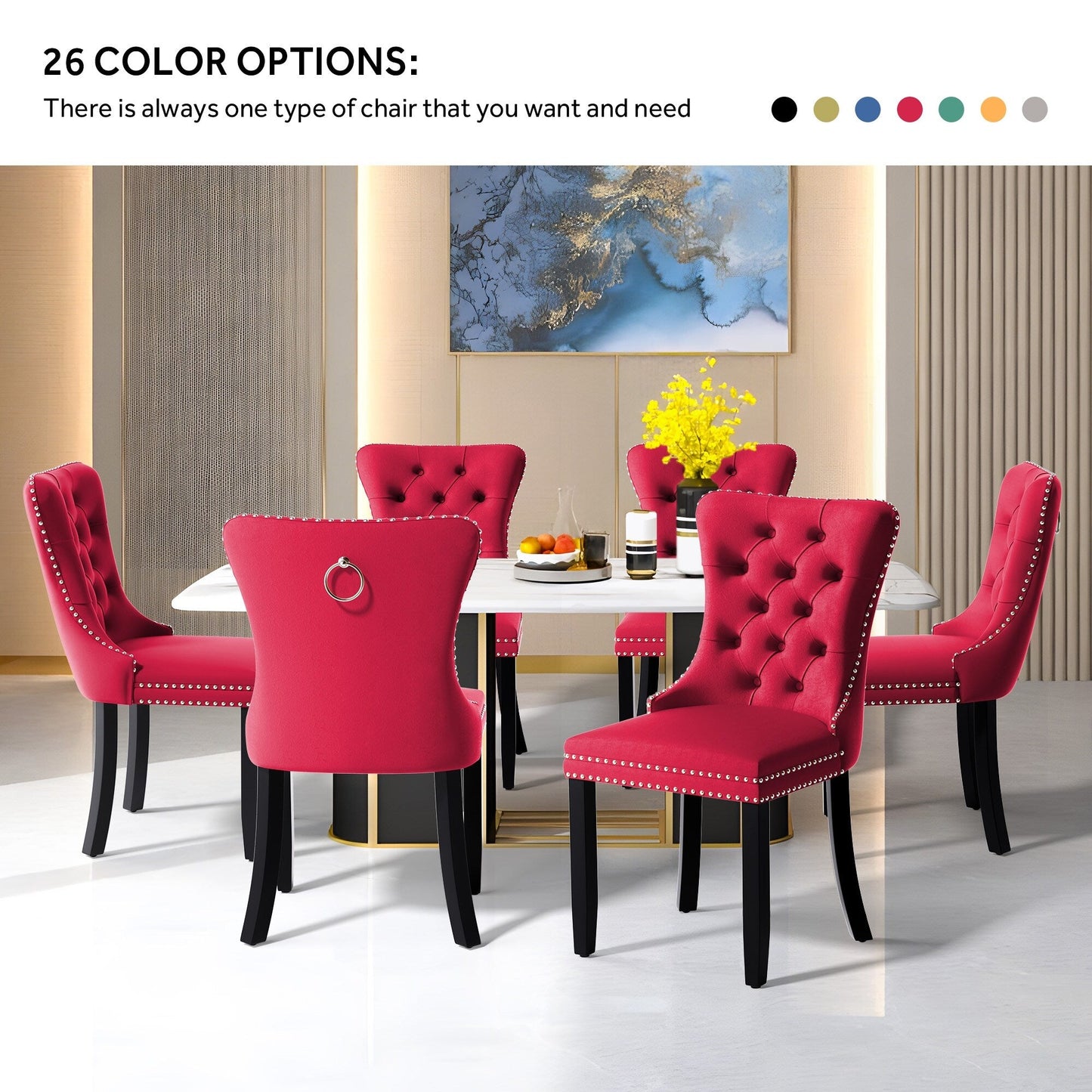 Sedia da pranzo imbottita in velluto trapuntato con gambe in legno massello, set da 6