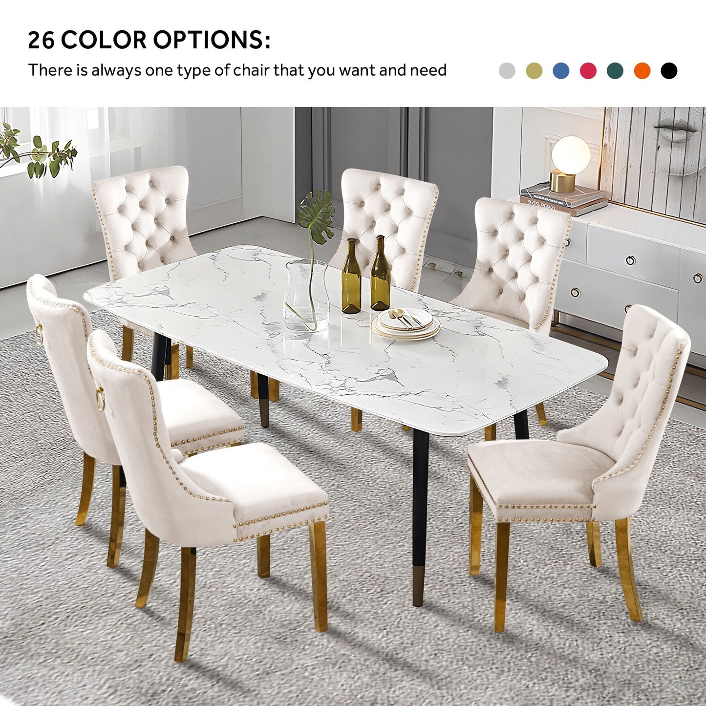 Sedia da pranzo imbottita in velluto trapuntato con gambe in legno massello, set da 6