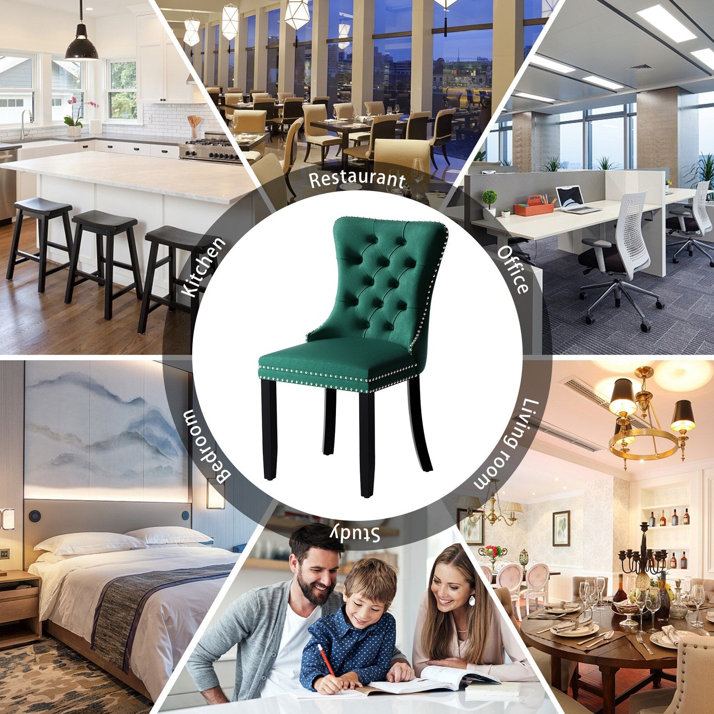 Sedia da pranzo imbottita in velluto trapuntato con gambe in legno massello, set da 6