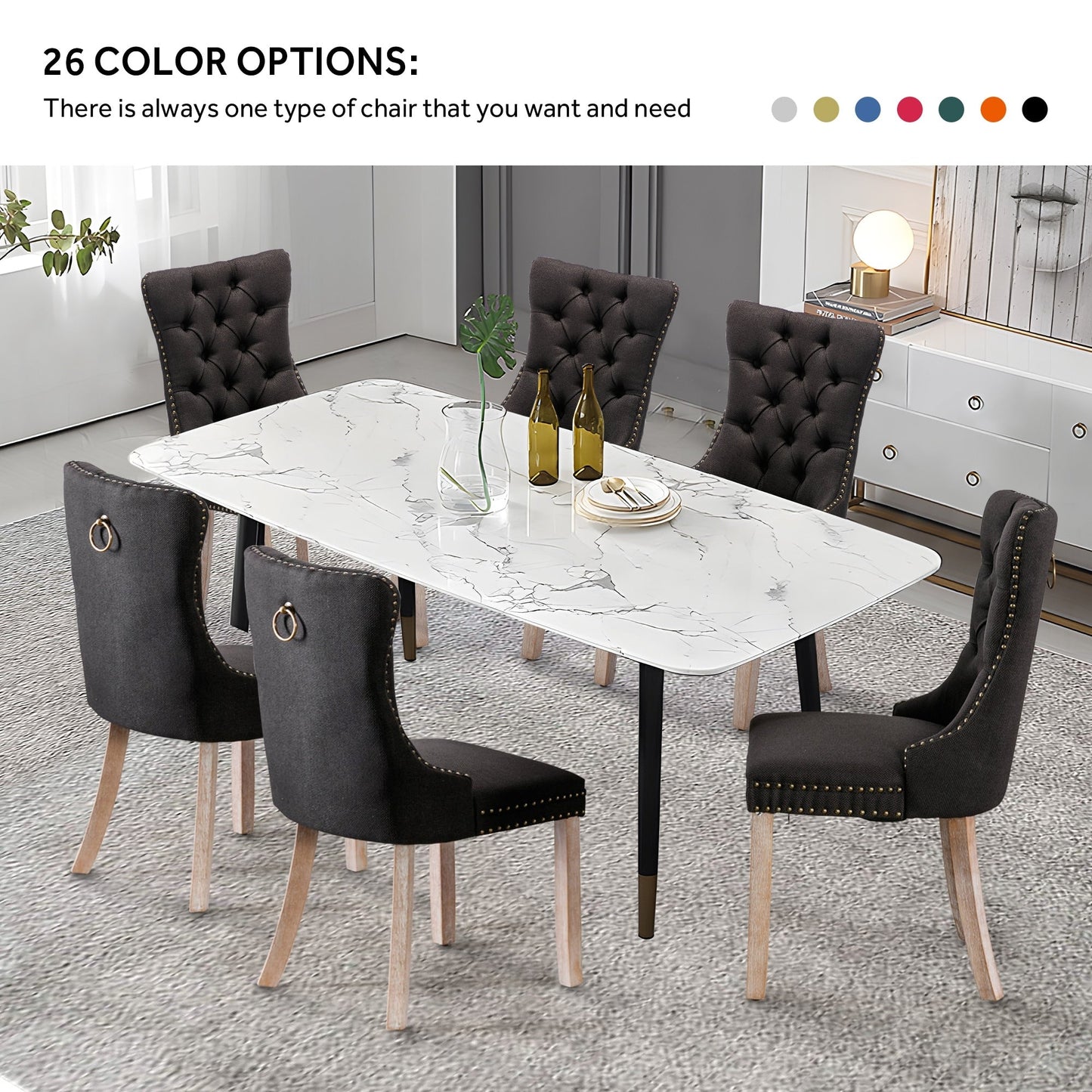 Sedia da pranzo imbottita in velluto trapuntato con gambe in legno massello, set da 6