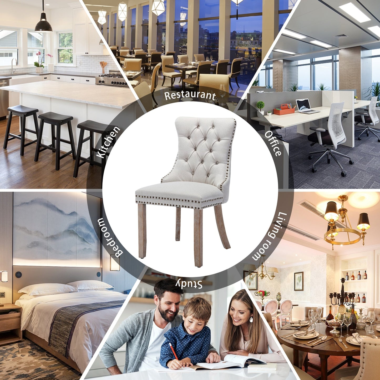 Sedia da pranzo imbottita in velluto trapuntato con gambe in legno massello, set da 6