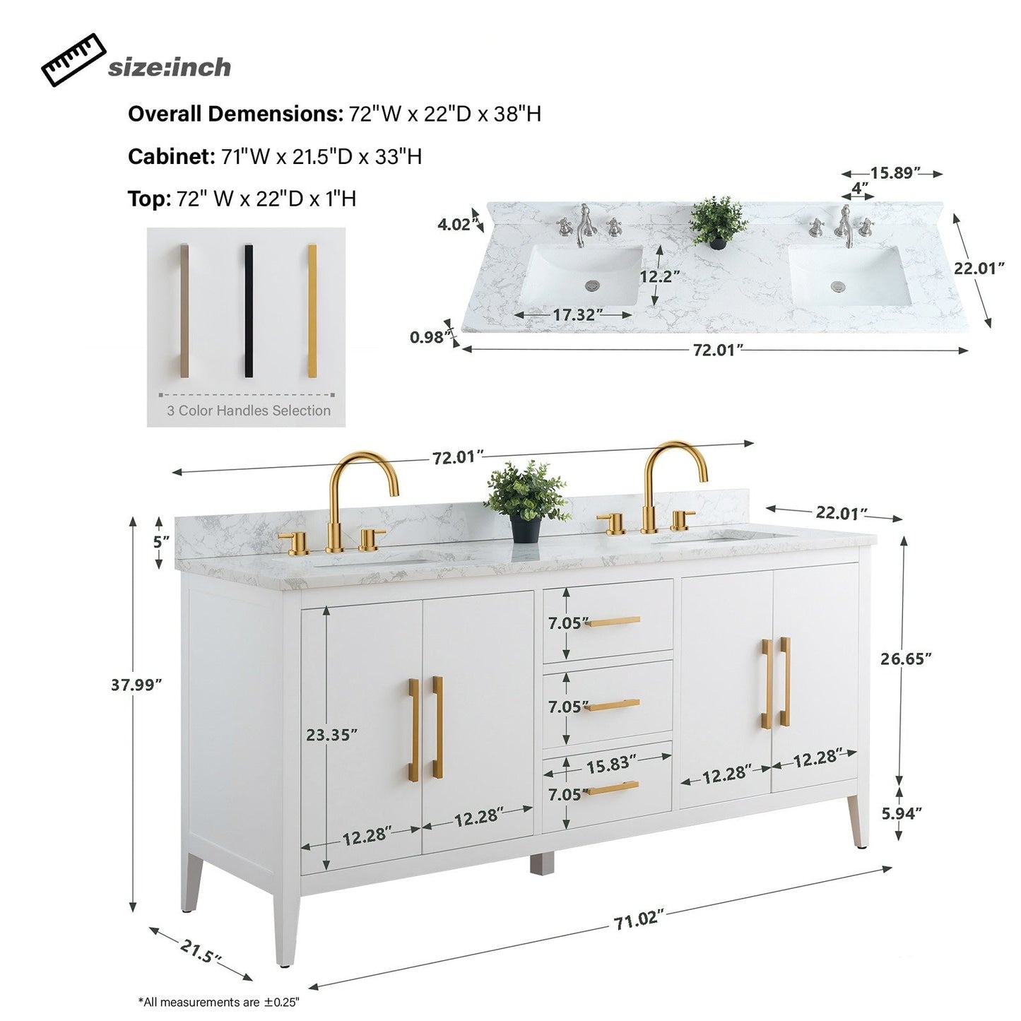 Mobiletto per lavabo da bagno Vanity Art 72 con doppio lavabo e piano in marmo ingegnerizzato