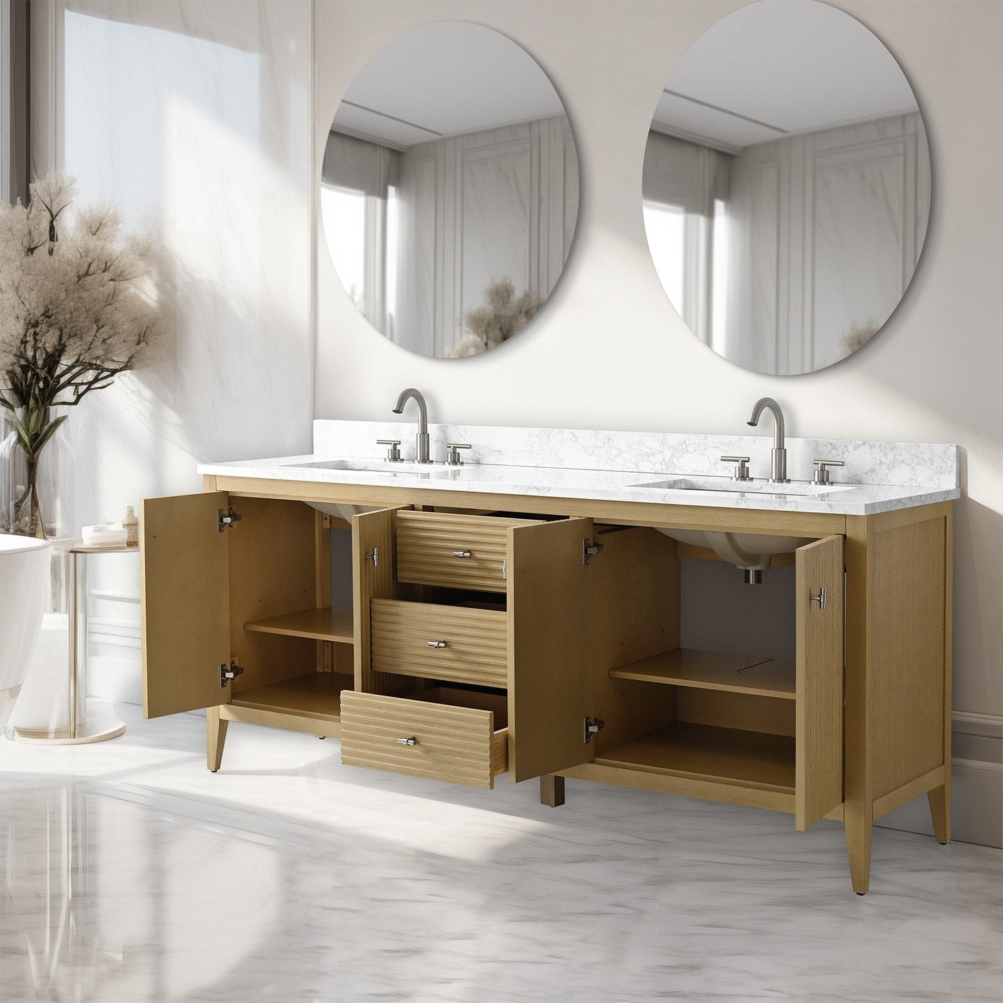 Mobiletto per lavabo da bagno Vanity Art 72 con doppio lavabo e piano in marmo ingegnerizzato