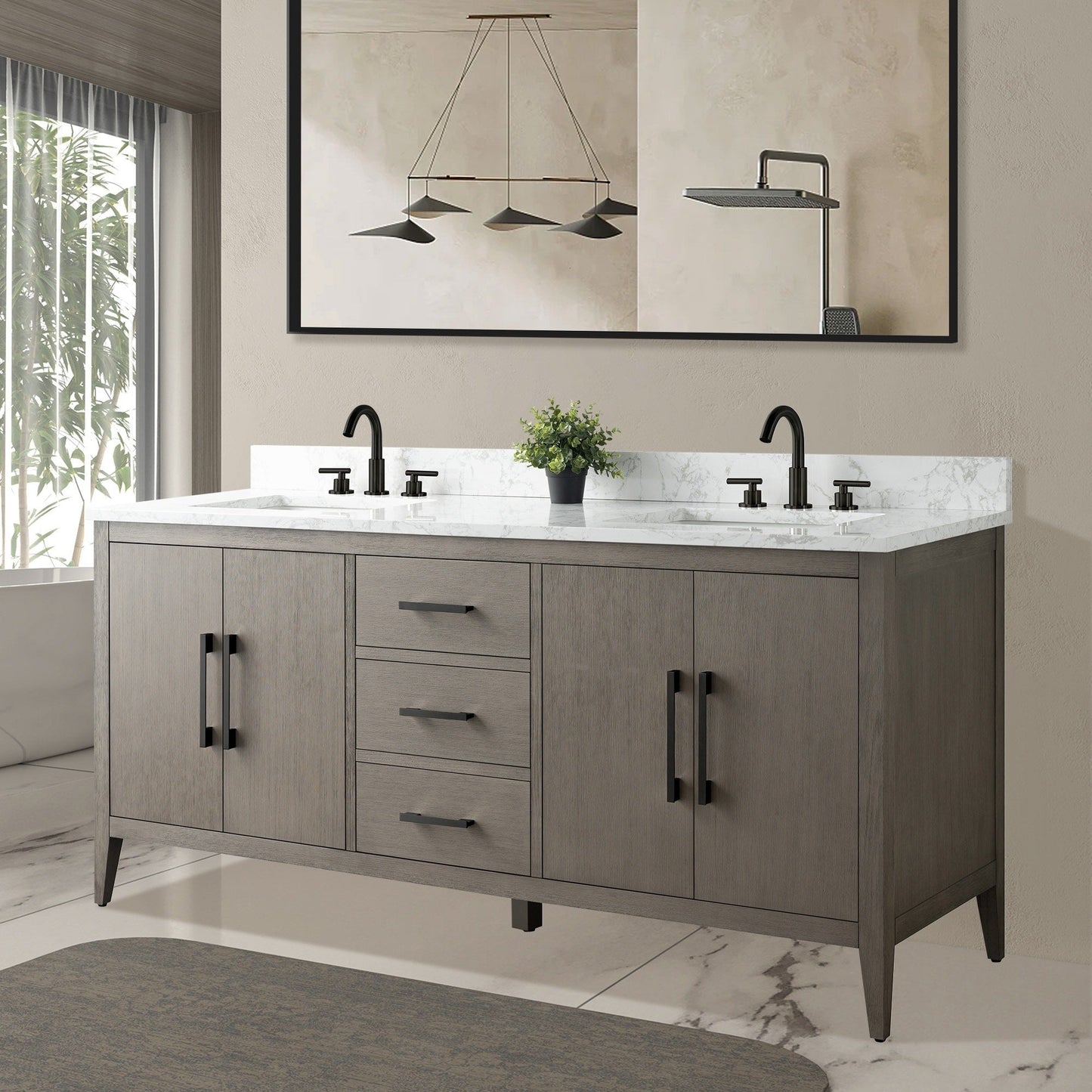 Mobiletto per lavabo da bagno Vanity Art 72 con doppio lavabo e piano in marmo ingegnerizzato