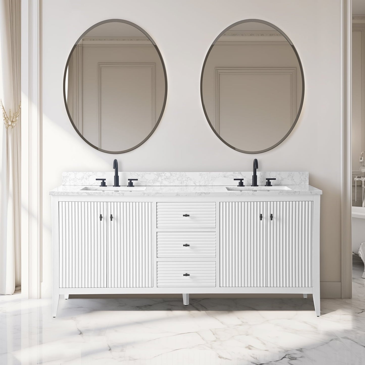 Mobiletto per lavabo da bagno Vanity Art 72 con doppio lavabo e piano in marmo ingegnerizzato