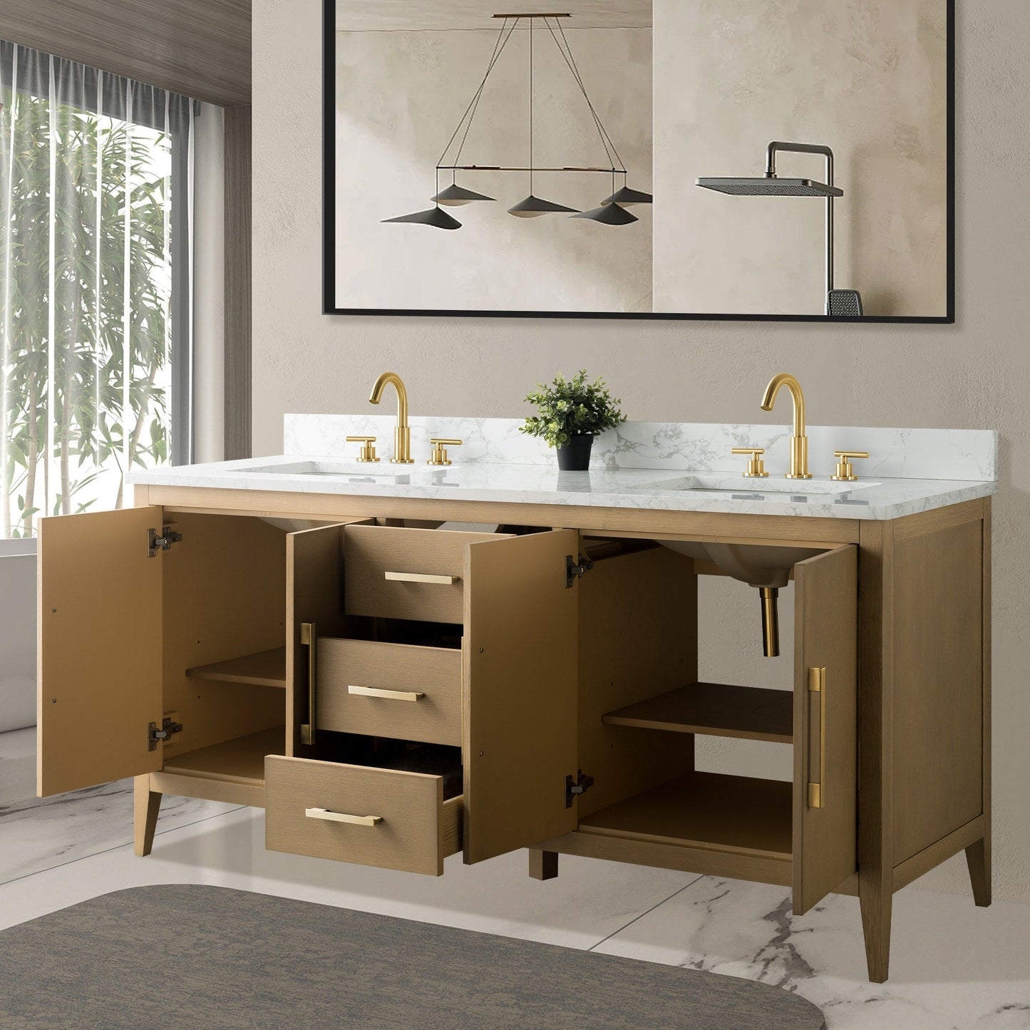 Mobiletto per lavabo da bagno Vanity Art 72 con doppio lavabo e piano in marmo ingegnerizzato