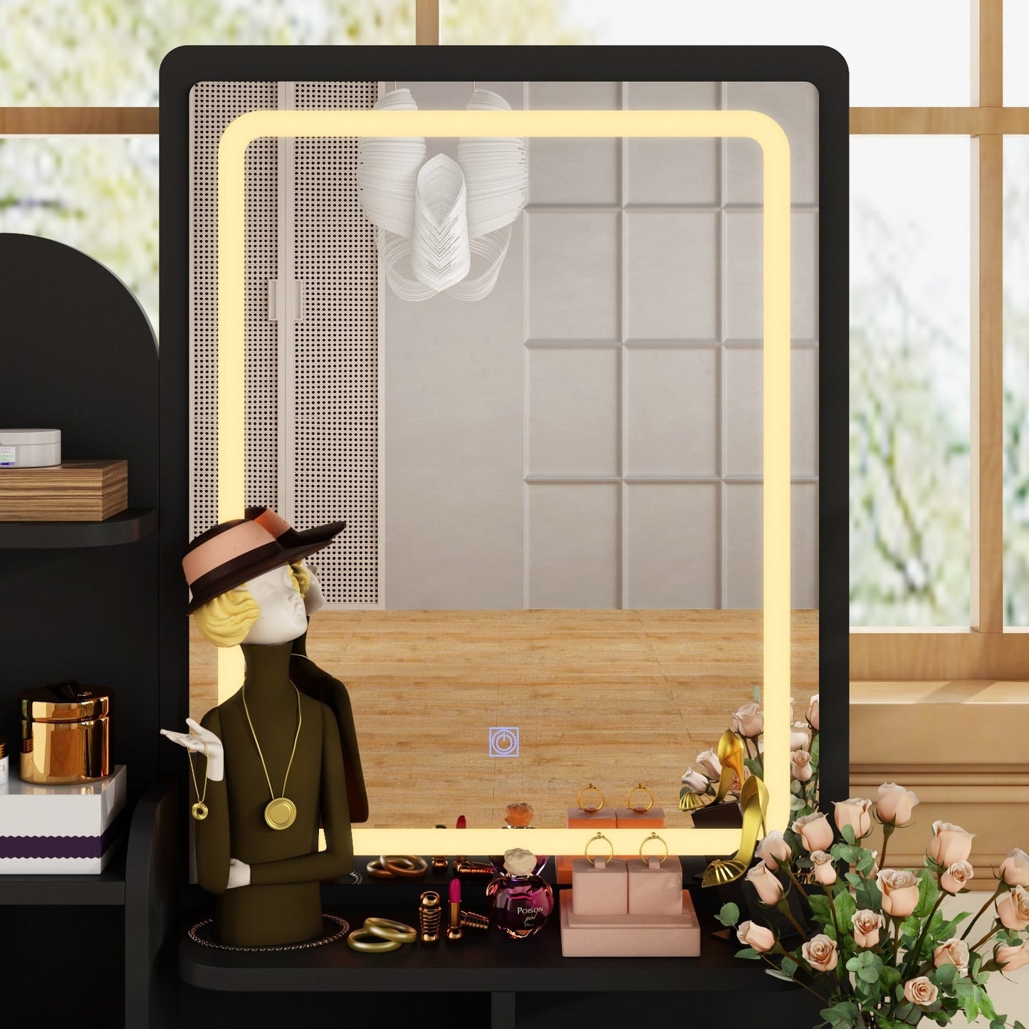 Set da toeletta con specchio e lampada, tavolo da trucco per la casa con sgabello