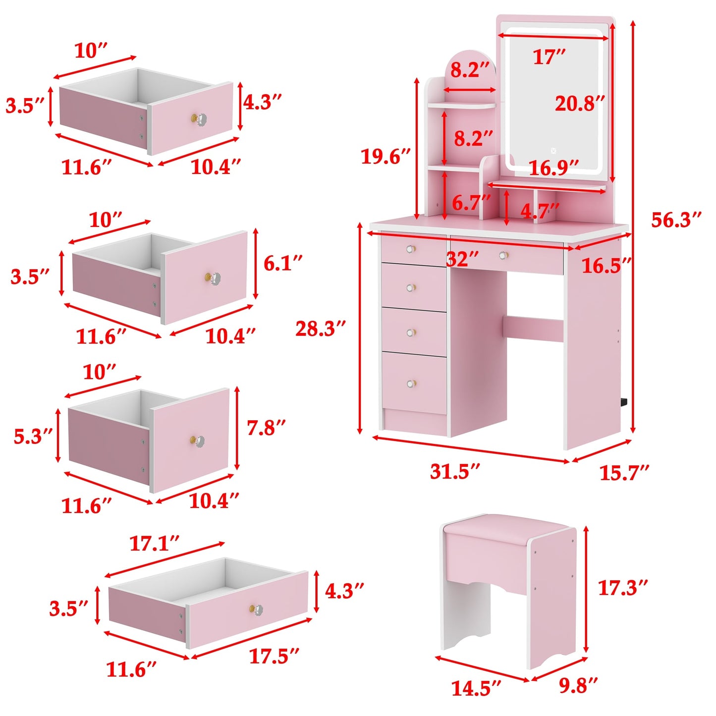 Set da toeletta con specchio e lampada, tavolo da trucco per la casa con sgabello