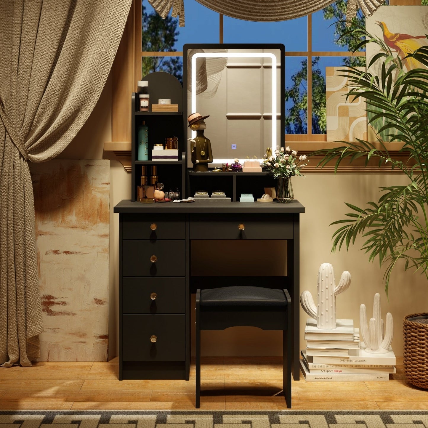 Set da toeletta con specchio e lampada, tavolo da trucco per la casa con sgabello