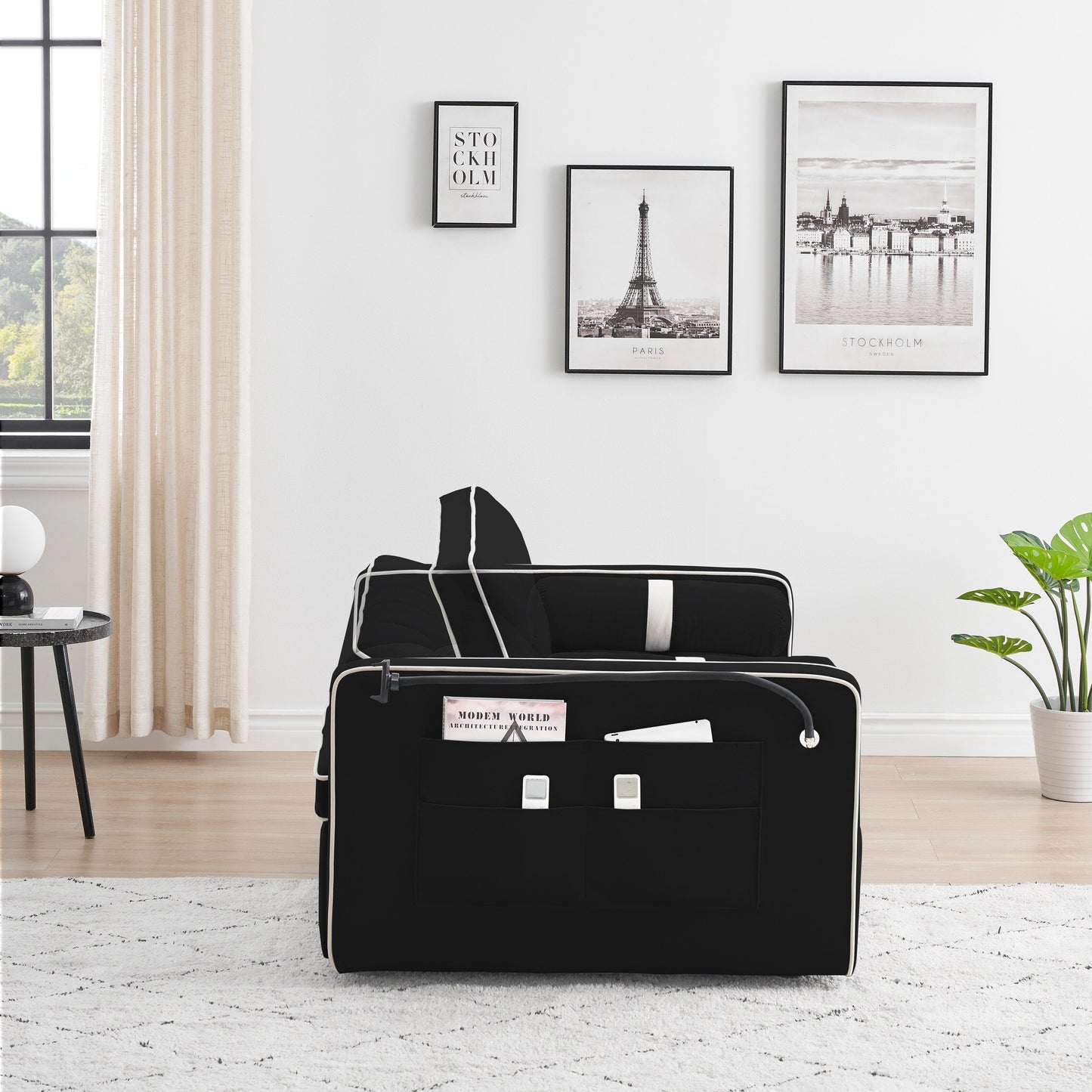 Divano letto convertibile in velluto da 55'' a 2 posti con letto estraibile, reclinazione regolabile, tasche laterali e porta telefono