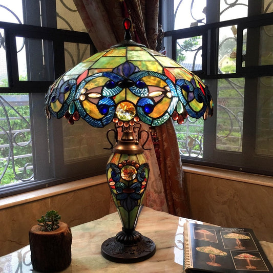 Lampada da tavolo in stile Tiffany con design vittoriano a 2 e 1 luce