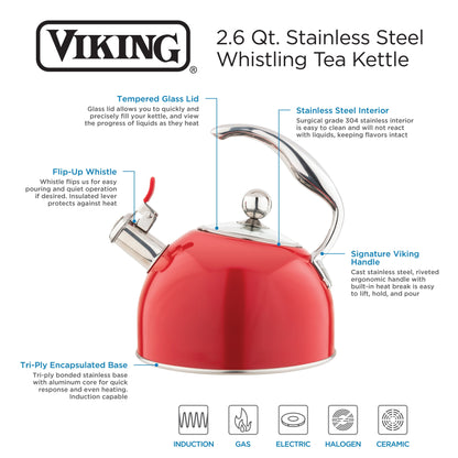 Bollitore con fischietto Viking da 2,6 litri in acciaio inossidabile rosso con base a 3 strati