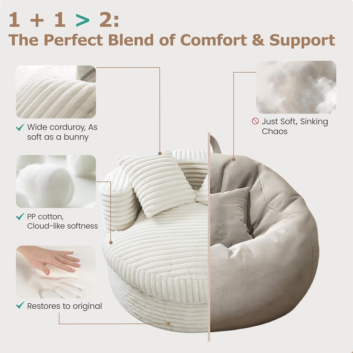 WOWMAX 47 Poltrona Chaise Longue Rotonda da Interno, Divano da Pavimento Imbottito in Velluto a Coste, Poltrona Letto Oversize con 2 Cuscini