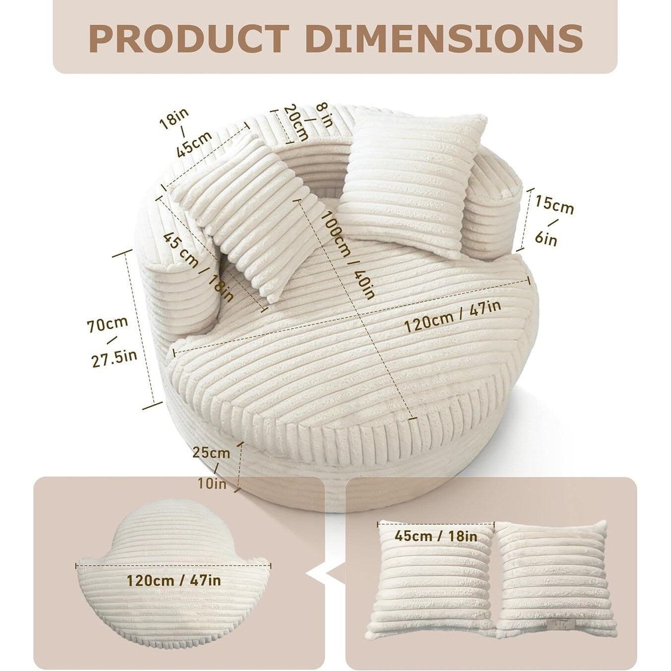 WOWMAX 47 Poltrona Chaise Longue Rotonda da Interno, Divano da Pavimento Imbottito in Velluto a Coste, Poltrona Letto Oversize con 2 Cuscini