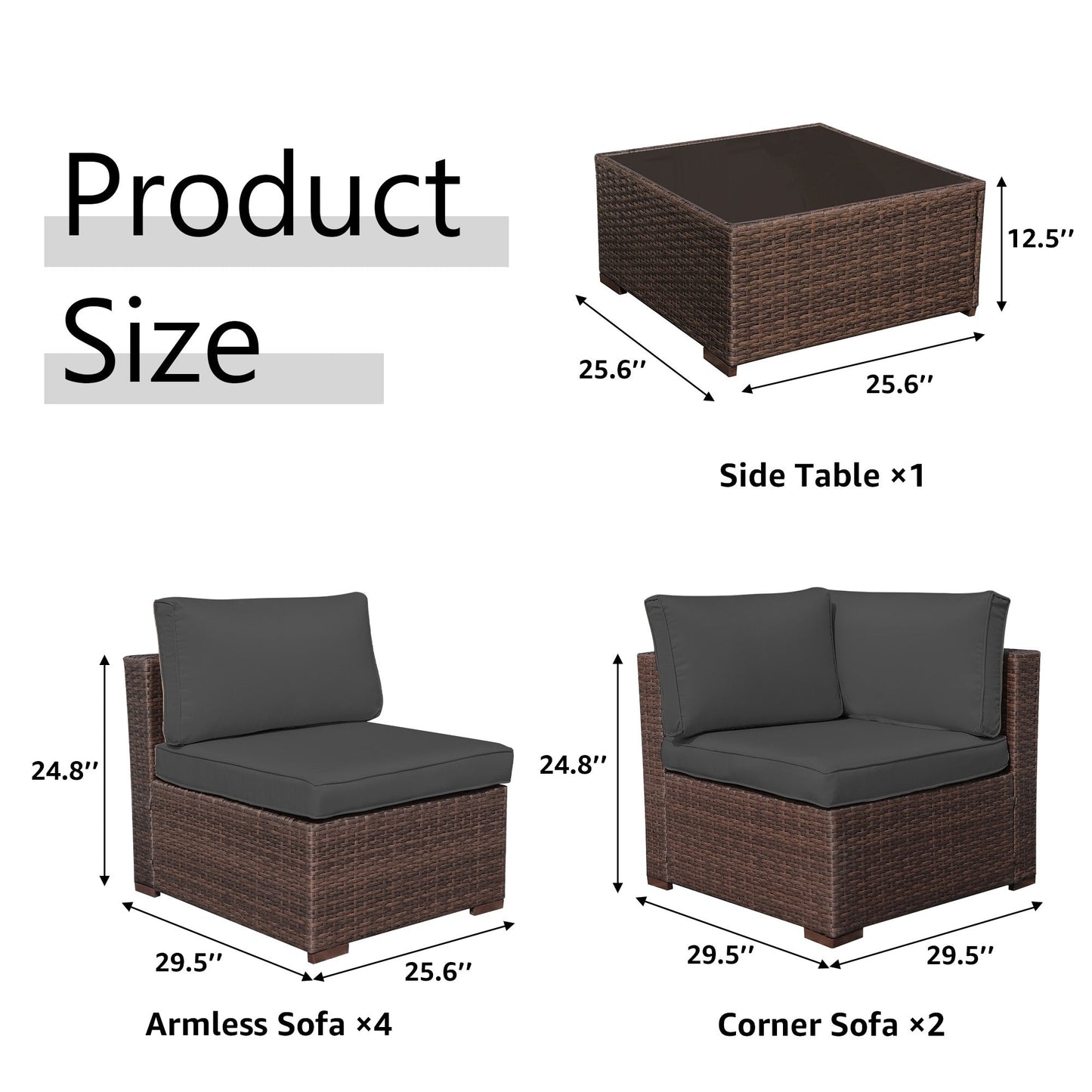 Set di divani componibili imbottiti da esterno in vimini/acciaio da 7 pezzi