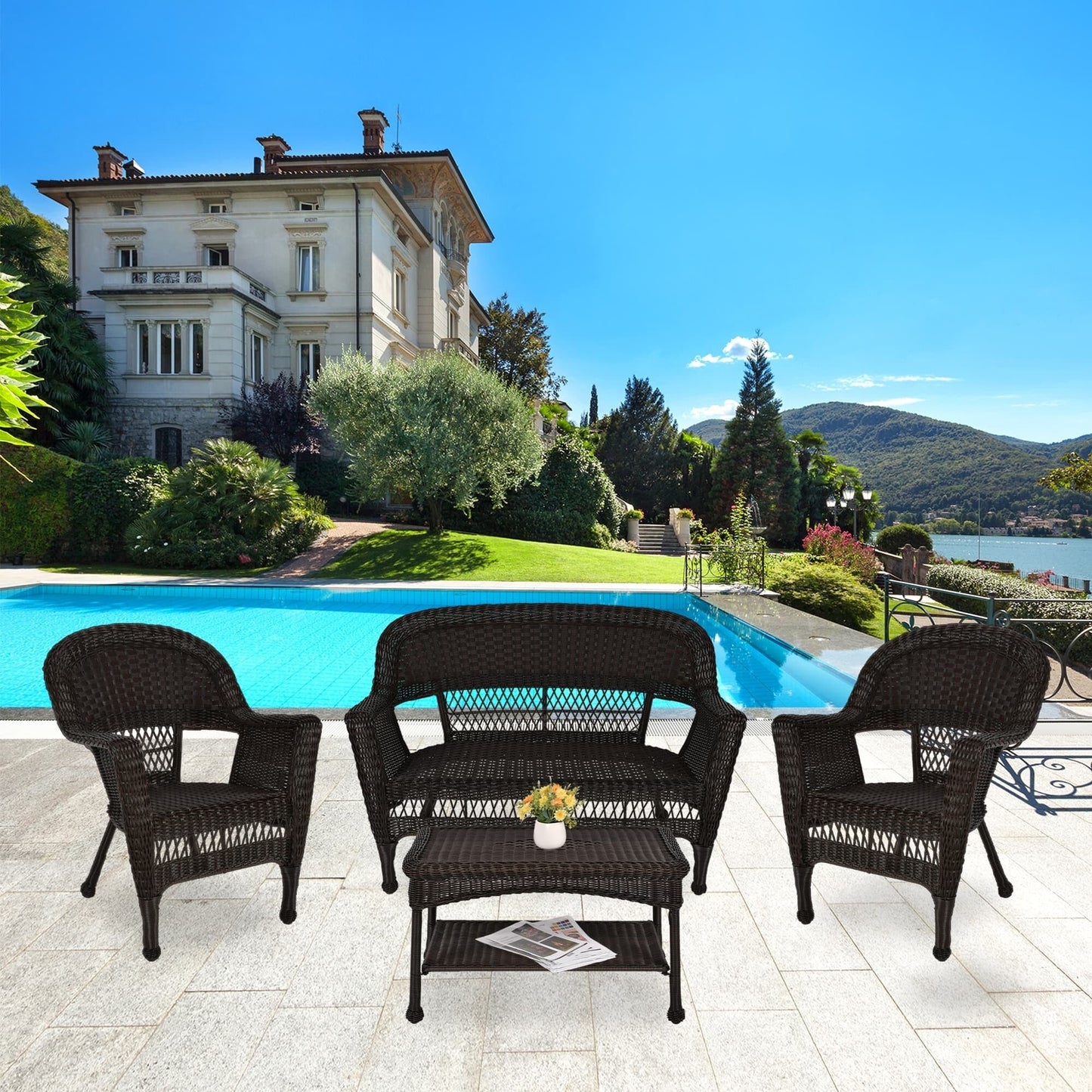 Set da conversazione in vimini da 4 pezzi per patio