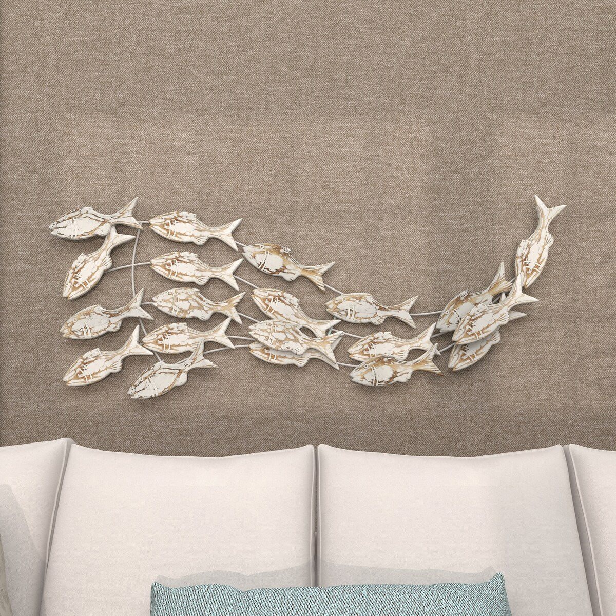 Decorazione murale per la casa a forma di pesce in legno fatto a mano con effetto anticato marrone - Bianco - Roche River Decor
