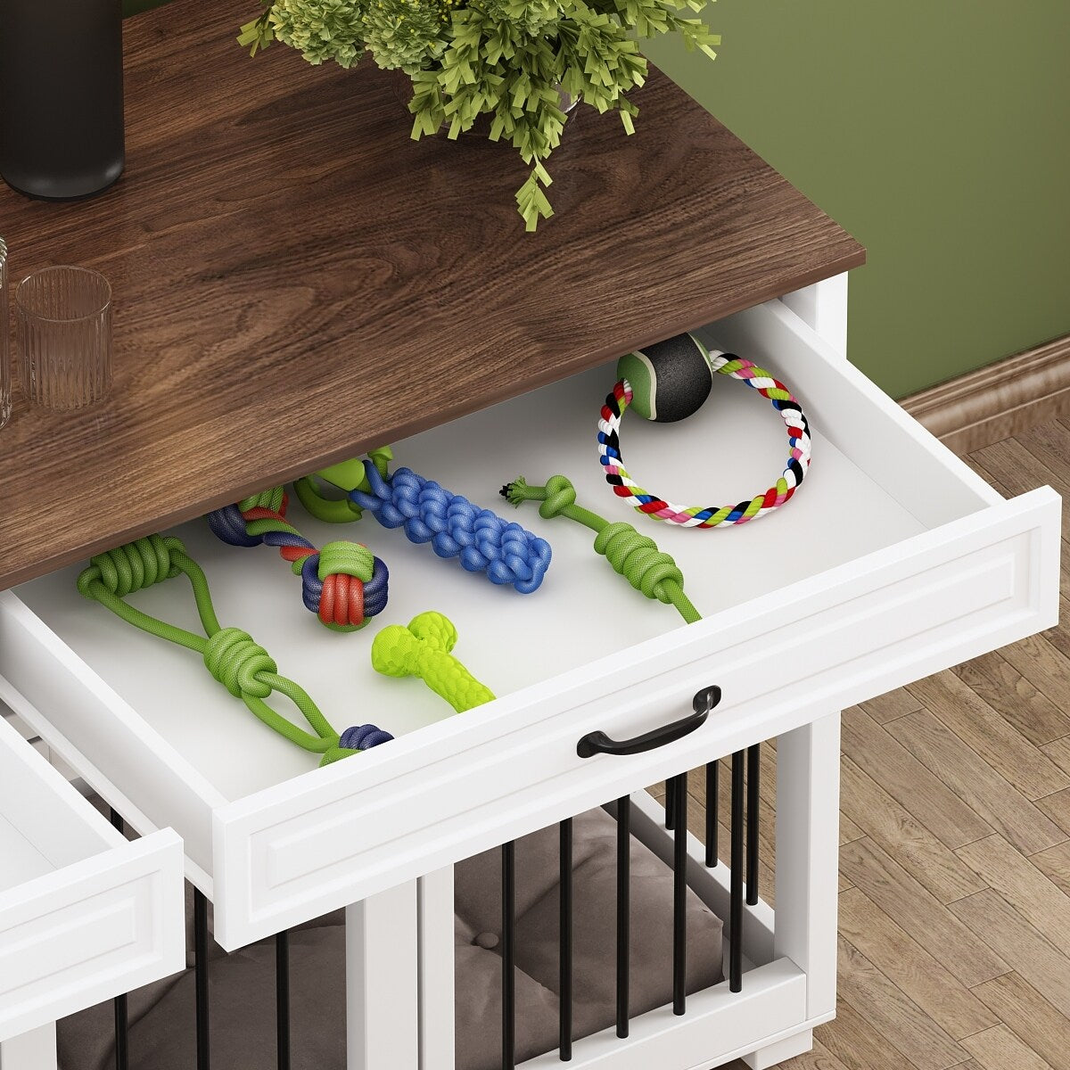 Cuccia per cani in legno con due cassetti e divisorio