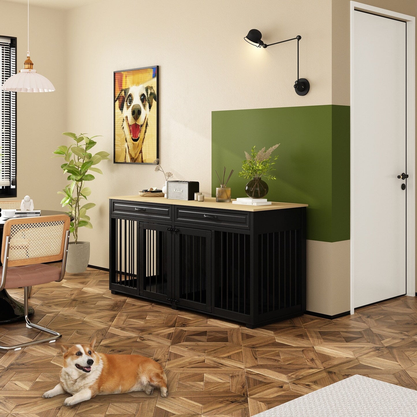 Cuccia per cani in legno con due cassetti e divisorio