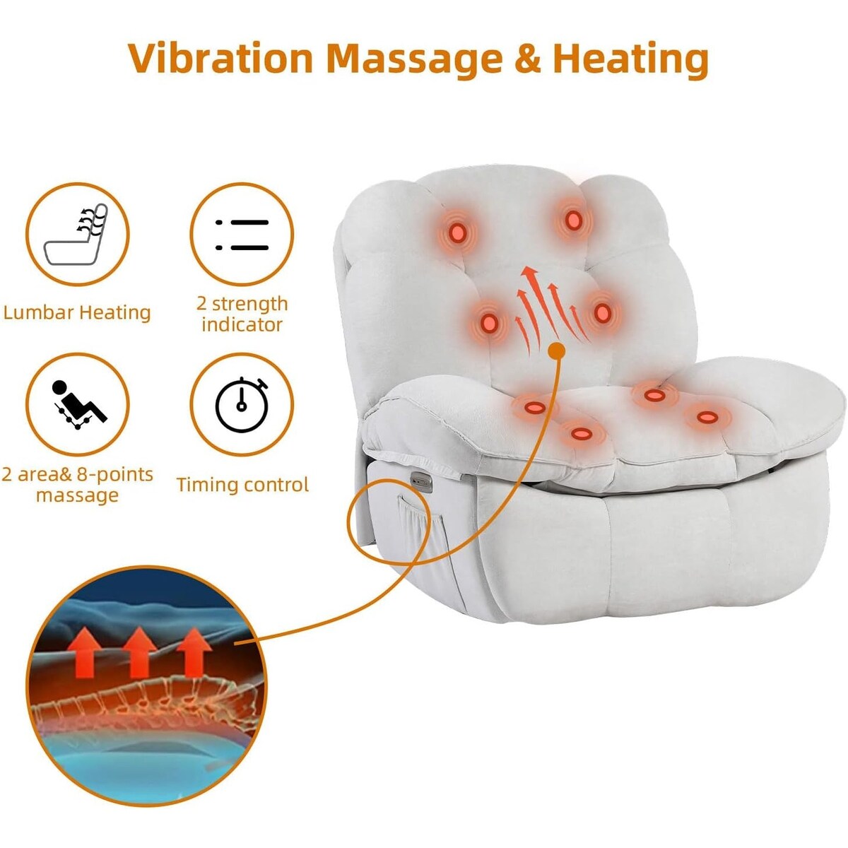 Poltrona reclinabile girevole elettrica XINMICS, poltrone reclinabili massaggianti con riscaldamento, USB, USB-C e tasca laterale