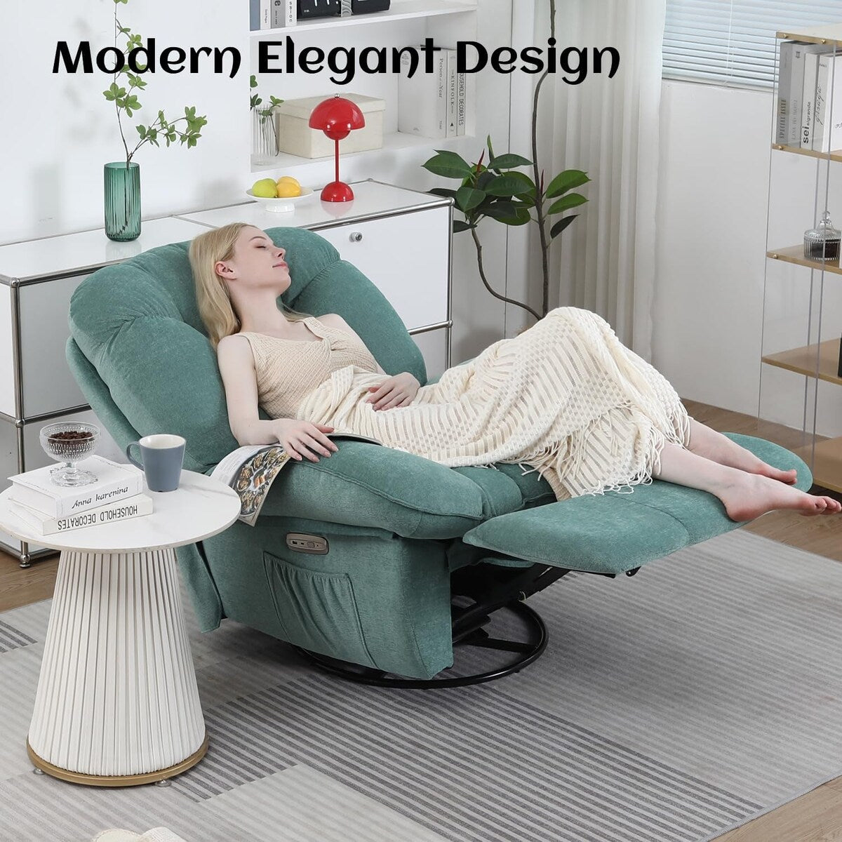 Poltrona reclinabile girevole elettrica XINMICS, poltrone reclinabili massaggianti con riscaldamento, USB, USB-C e tasca laterale