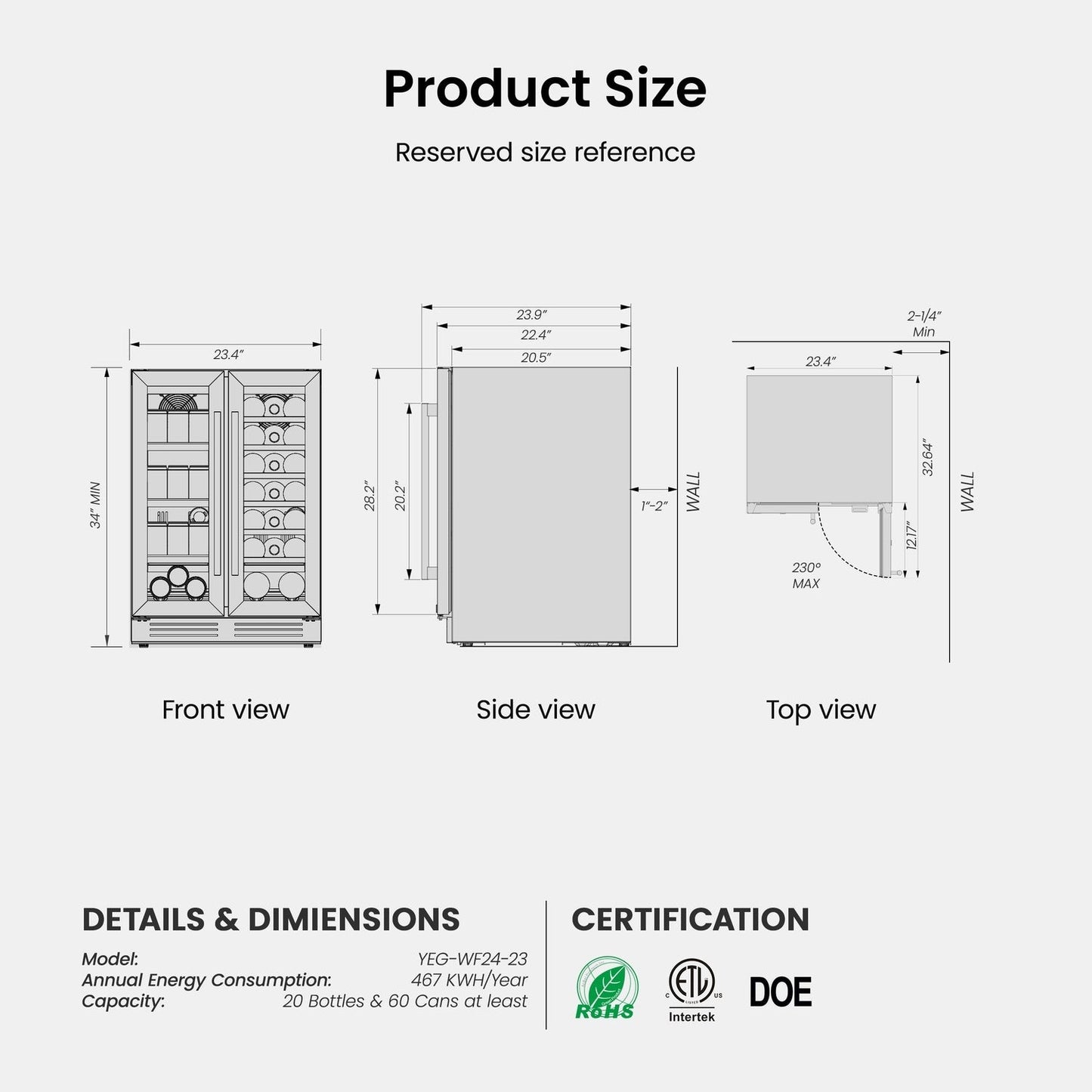 Frigorifero per vino/bevande da 24 pollici, frigorifero DUAL ZONE da 20 bottiglie/60 lattine - 24 pollici
